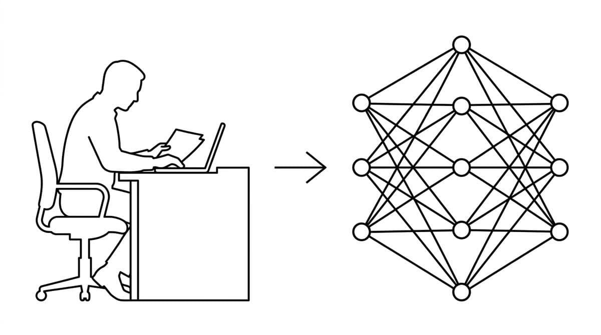 Diagram showing the transition from a human CTO at a desk to an AI operations backbone — connected nodes replacing a single person.