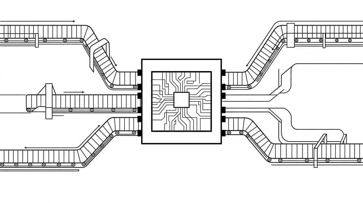 Editorial blueprint of a factory production line with a central computational unit, drawn in monochrome.