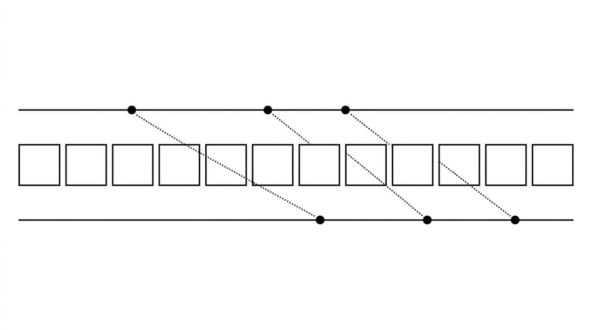 Editorial diagram of a 12-month timeline showing planned milestones above and the much later actual delivery dates below, connected by diagonal lines.