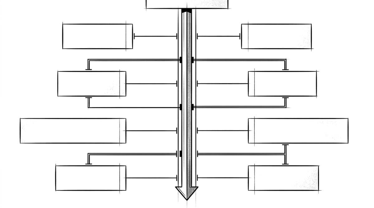 Editorial blueprint of an organizational chart connected by a single central spine — the ERP backbone.