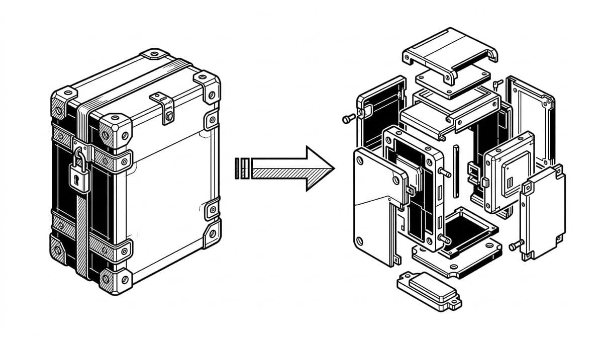 Editorial diagram comparing a closed packaged software box with a modular customizable equivalent.