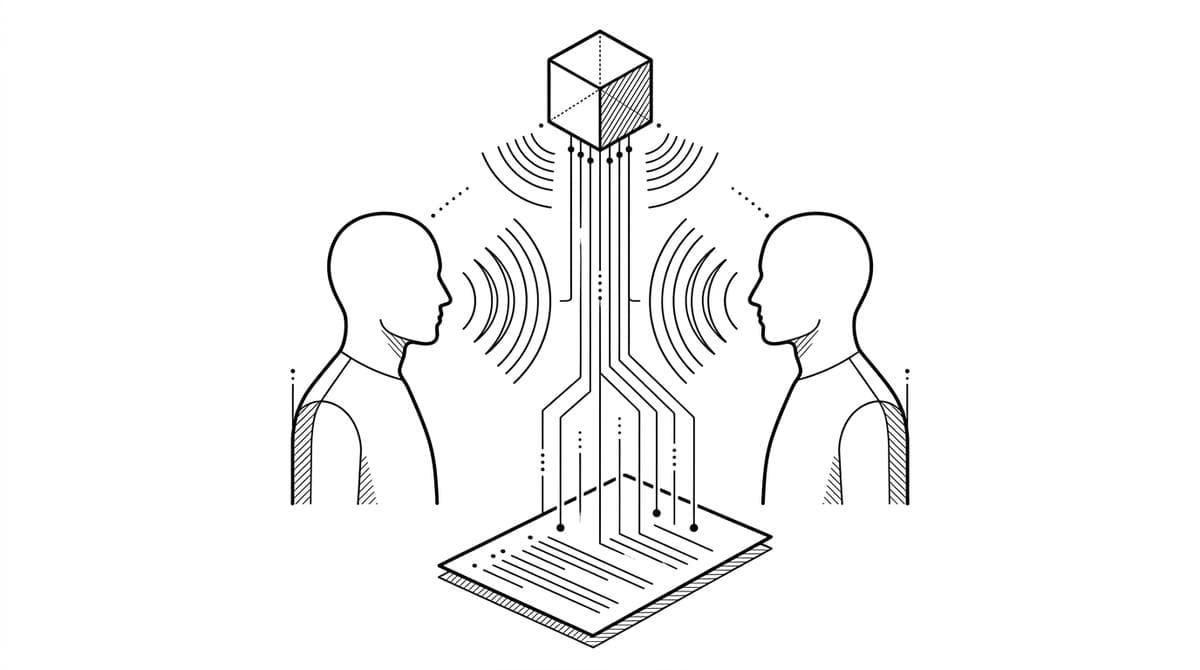 Editorial diagram showing two human silhouettes in conversation, sound waves rising to a small box, and structured lines descending to a sheet of paper — an AI clinical scribe transcribing a doctor-patient consultation.